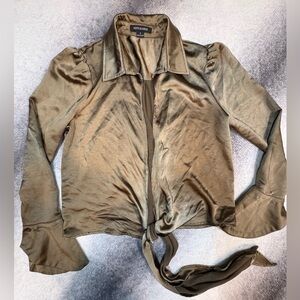 Hers & Mine Brown Bronze Satin Classic Open‎ Tie Blouse Top Shirt Small S